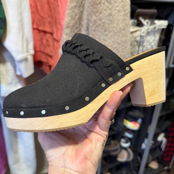 J Crew Black Wooden Clogs Faux Suede With Braided Strap Size 8 - Picture 6 of 10